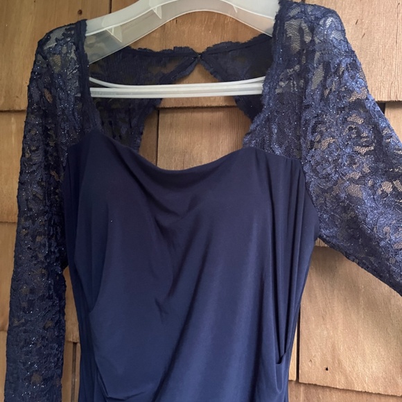 B&A By Betsy & Adam Lace-Sleeve Square-Neck Gown Women's 14 Navy Zip Closure~ - Picture 4 of 15